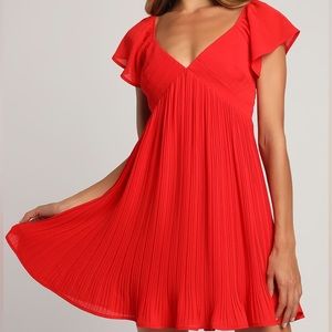 Lulu’s Amalfi Coast Red Pleated Flutter Sleeve Mini Dress | Red | Size Medium